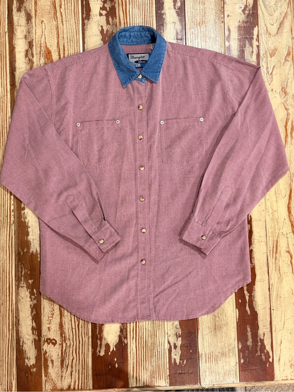 Vintage Wrangler Blues Women's Western Pearl Snap Shirt Red Check Denim Collar M